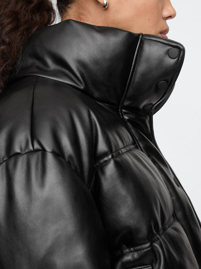 Siyah Vegan Deri Crop Puffer Şişme Mont