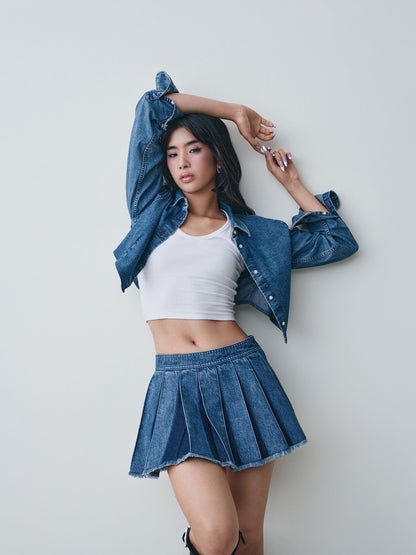 Koyu Mavi Pileli Denim Mini Etek