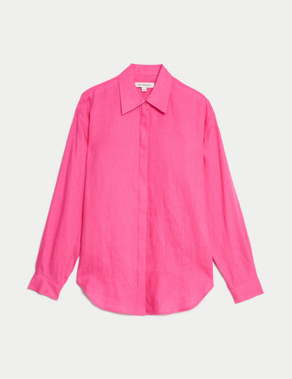 Relaxed Fit Uzun Kollu Saf Keten Gömlek