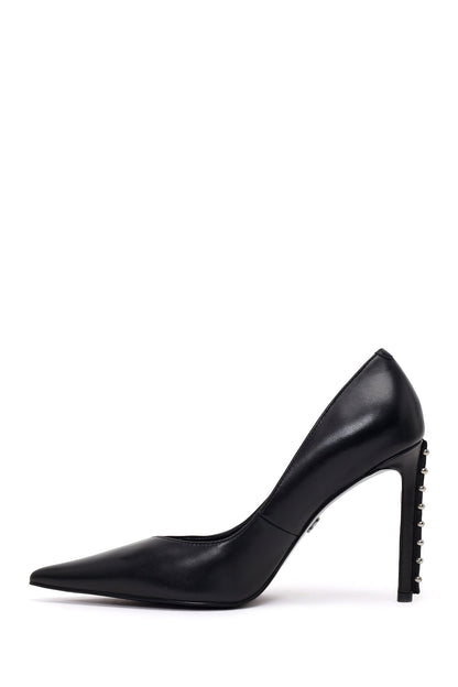 Kadın Siyah Taşlı Yüksek Ince Topuklu Deri Stiletto