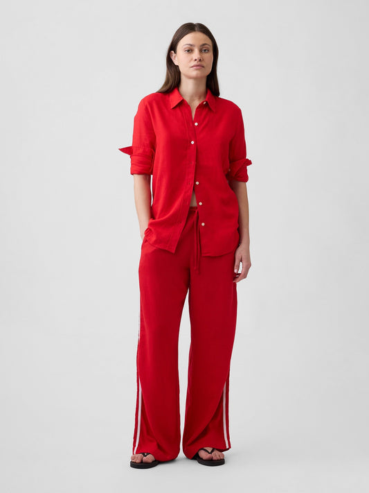 Kırmızı Keten Karışımlı Çizgili Wide-leg Pantolon