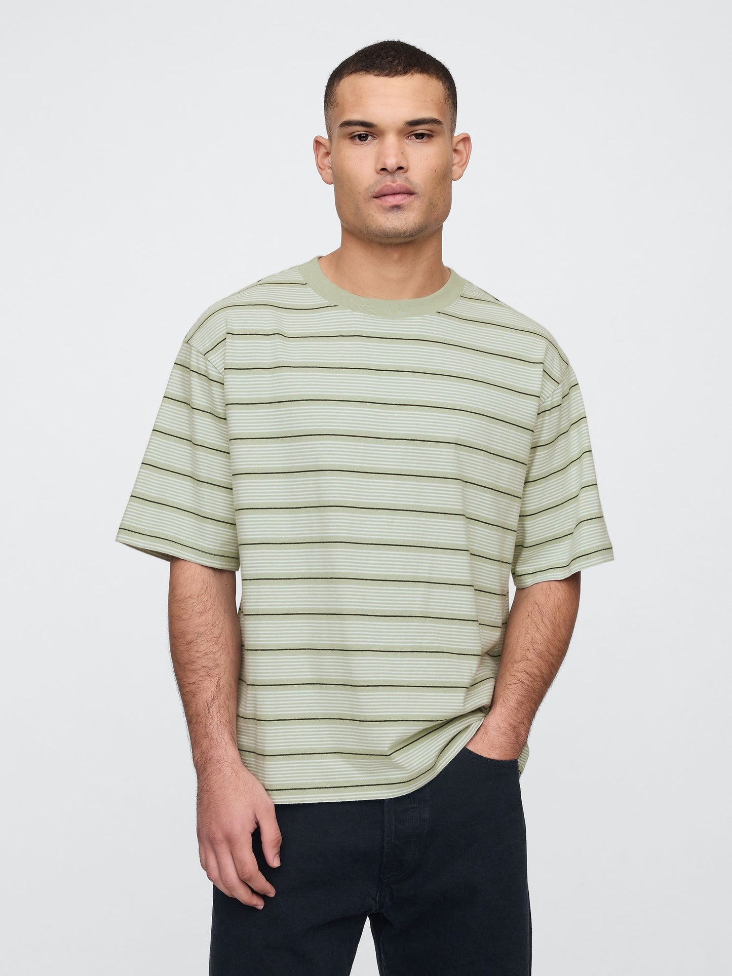 Yeşil Vintage Soft Çizgili Boxy T-Shirt