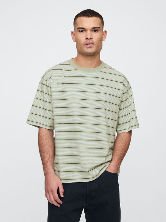 Yeşil Vintage Soft Çizgili Boxy T-Shirt