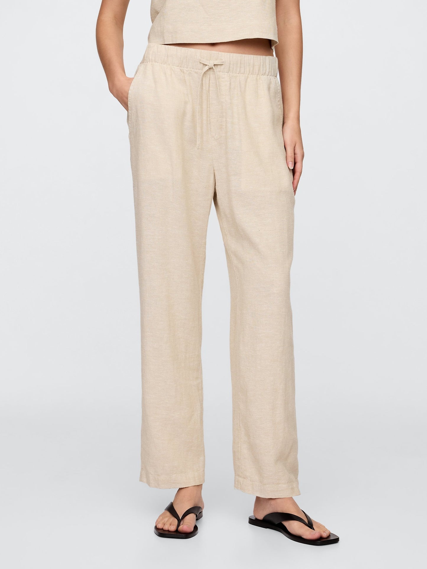 Bej Mid Rise Keten Karışımlı Pull-on Pantolon