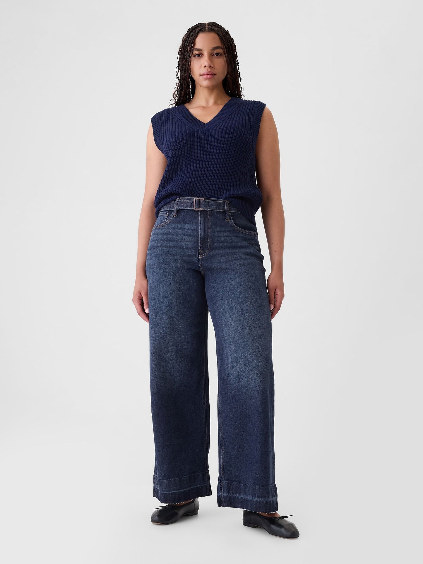Lacivert High Rise Stride Belted Wide-leg Jean Pantolon