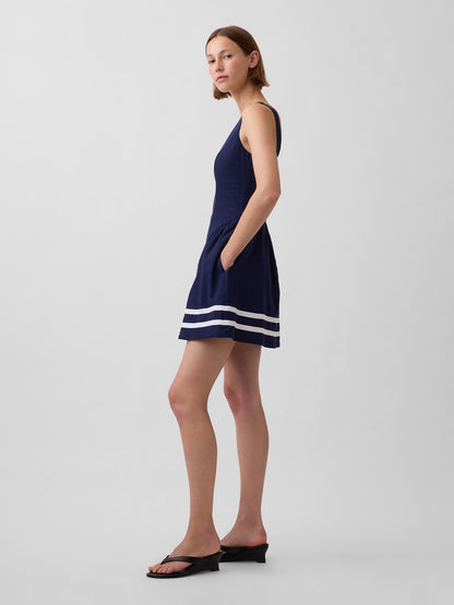 Lacivert Keten Karışımlı Drop-waist Mini Elbise