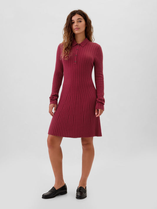 Bordo Polo Yaka Triko Mini Elbise