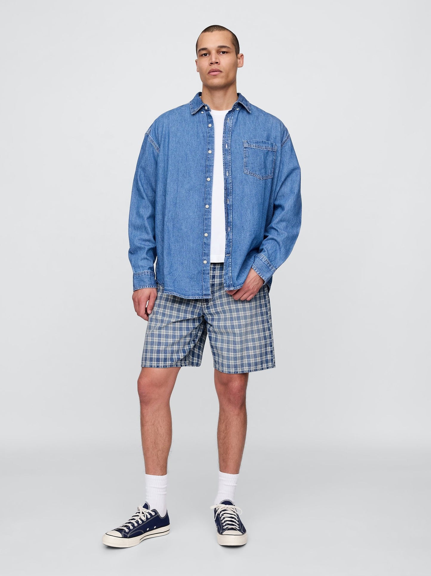 Açık Mavi '90s Loose Denim Kareli Şort