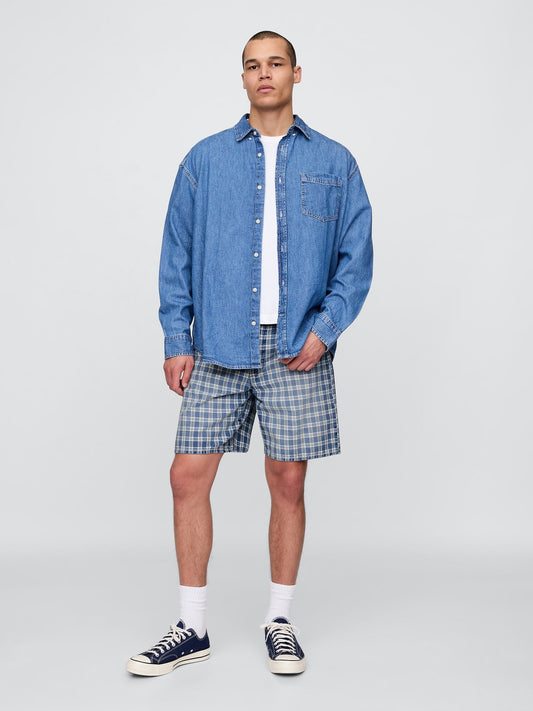 Açık Mavi '90s Loose Denim Kareli Şort