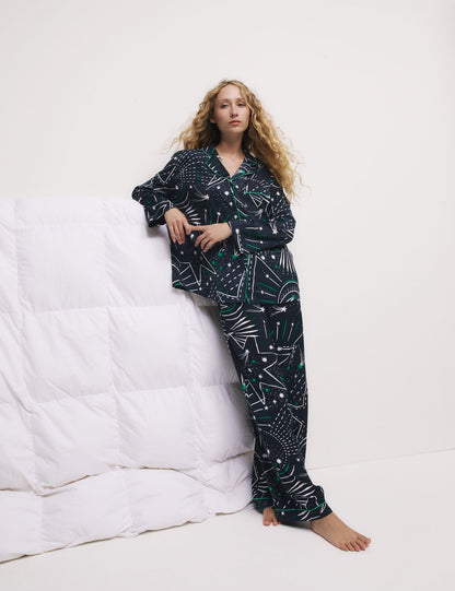 Desenli Saten Pijama Takımı