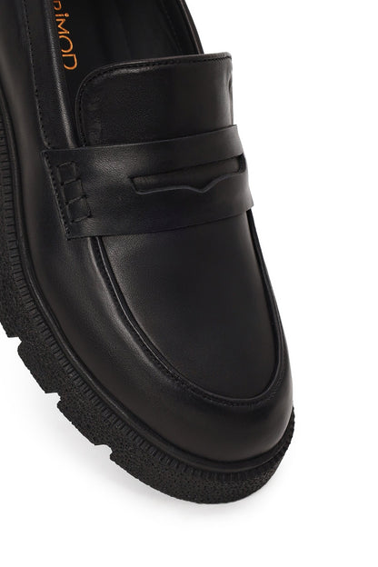 Kadın Siyah Kalın Tabanlı Deri Maskülen Loafer