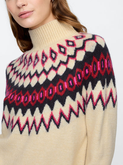 Bej Fair Isle Desenli Balıkçı Yaka Kazak