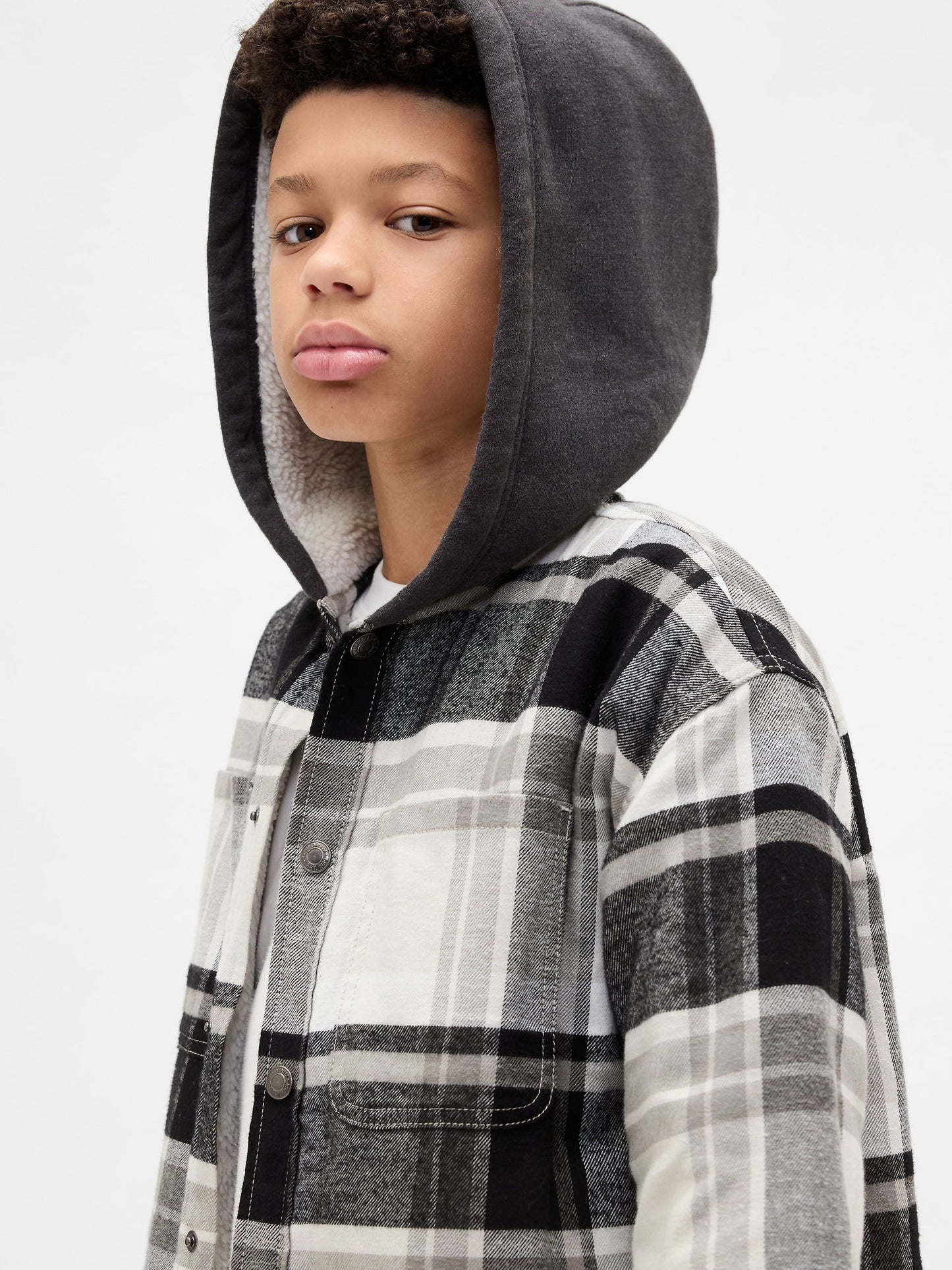 Gri Sherpa Kapüşonlu Flannel Ceket