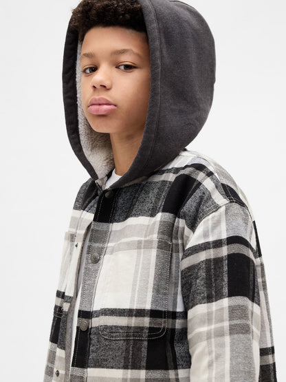 Gri Sherpa Kapüşonlu Flannel Ceket