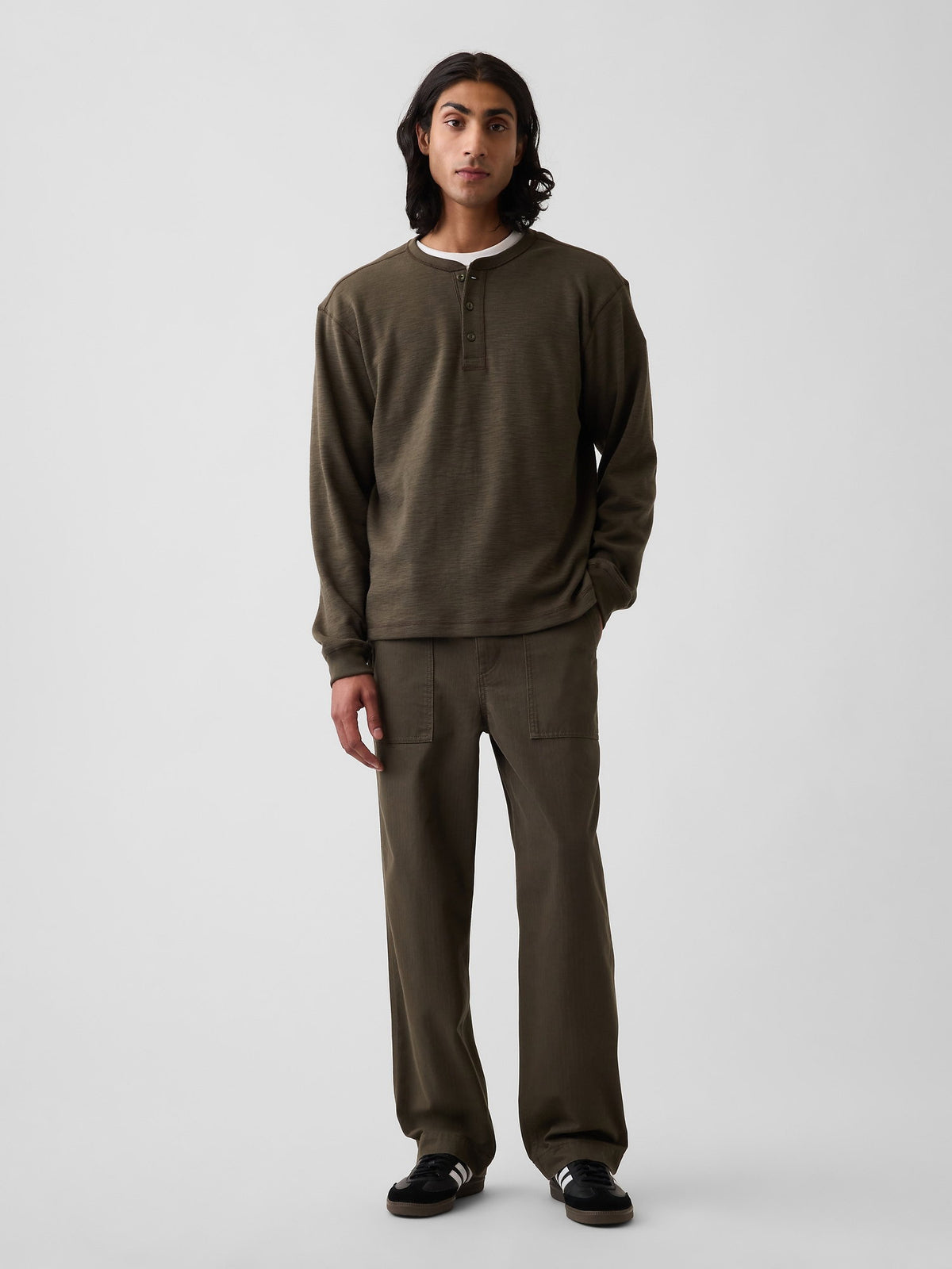 Haki Herringbone '90s Loose Pantolon