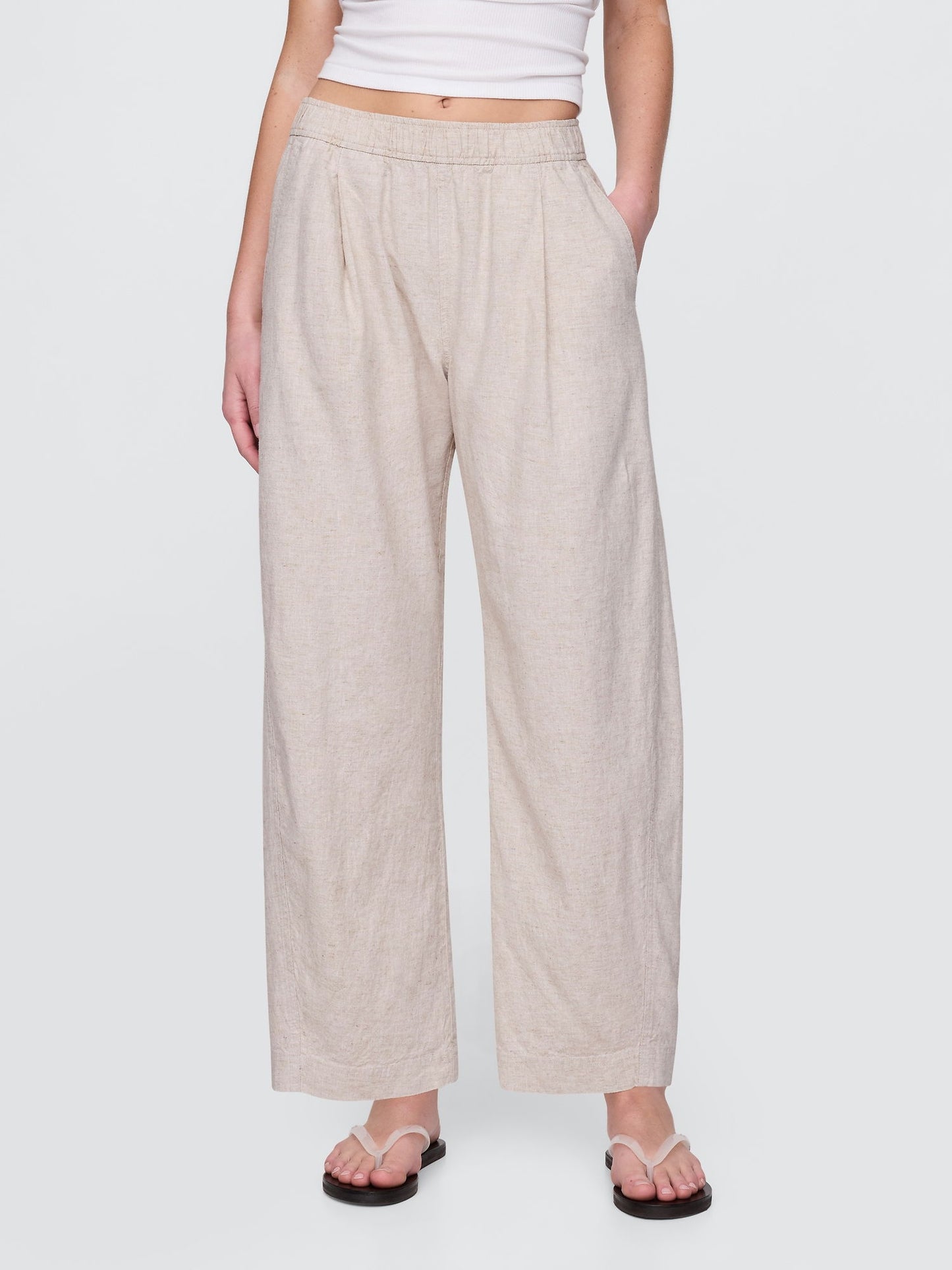 Bej Mid Rise Keten Karışımlı Barrel Pantolon