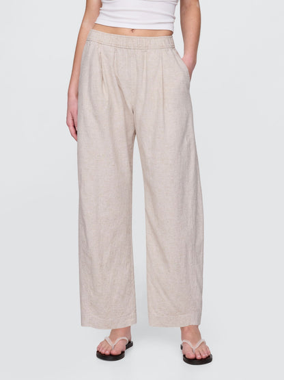 Bej Mid Rise Keten Karışımlı Barrel Pantolon