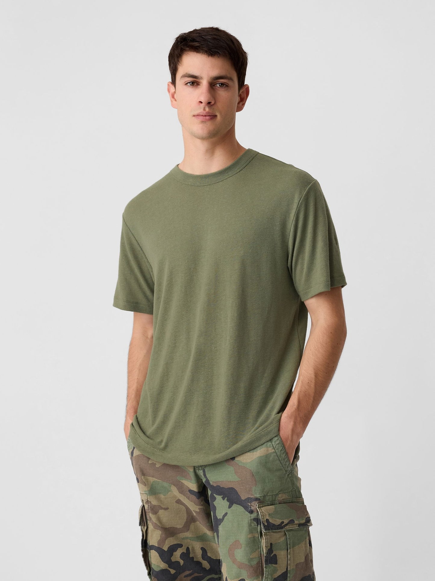 Haki Keten Karışımlı T-shirt