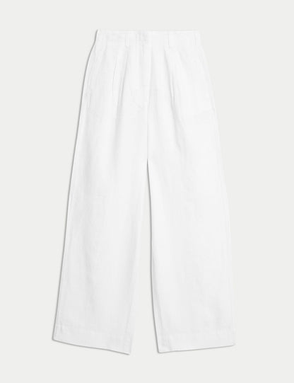 Saf Keten Wide Leg Pantolon