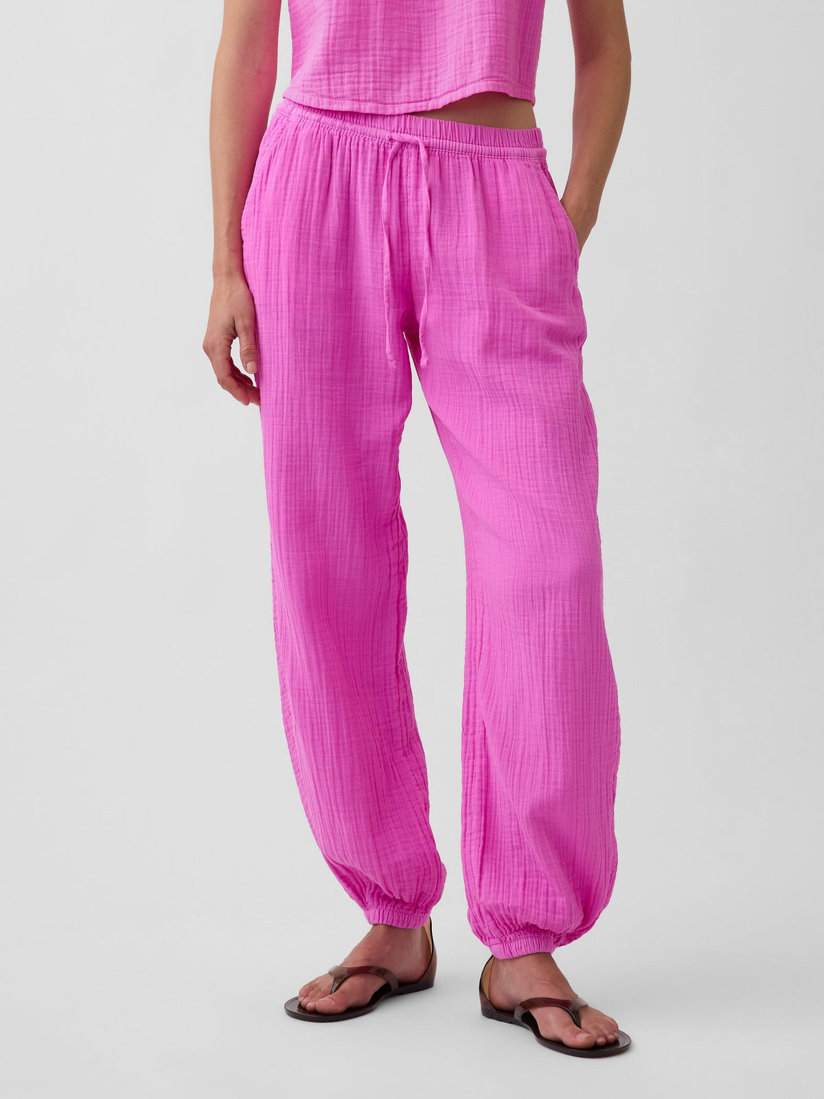 Pembe Pamuk Gauze Barrel Jogger Pantolon