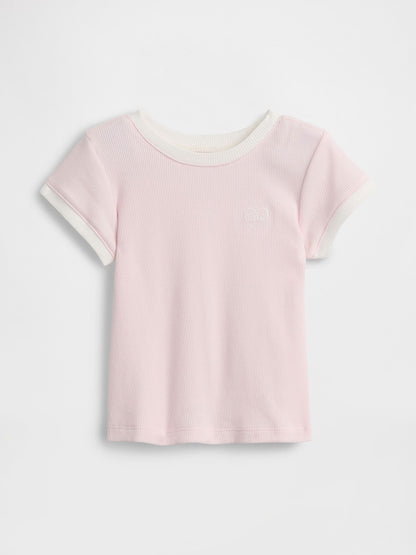 Açık Pembe Logo Ribbed Ringer T-shirt