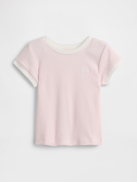 Açık Pembe Logo Ribbed Ringer T-shirt