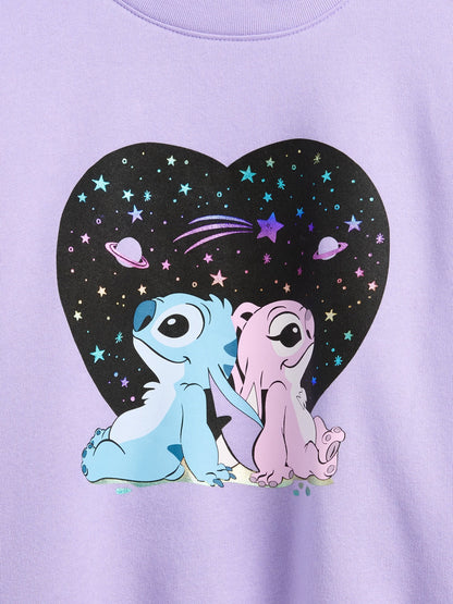 Mor Disney Lilo Ve Stitch Oversized Grafik Baskılı Sweatshirt