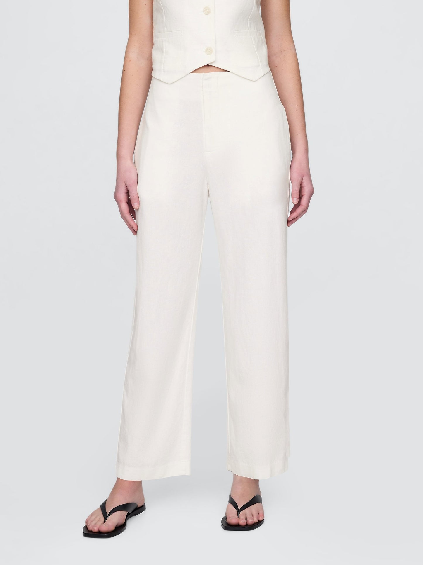 Beyaz Keten Karışımı Relaxed Straight Ankle Pantolon