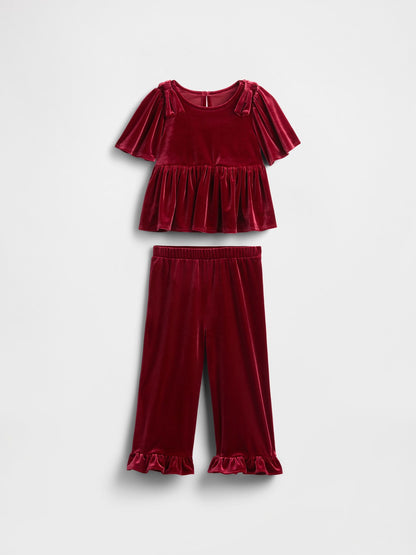 Kırmızı Kadife Fırfırlı Outfit Set