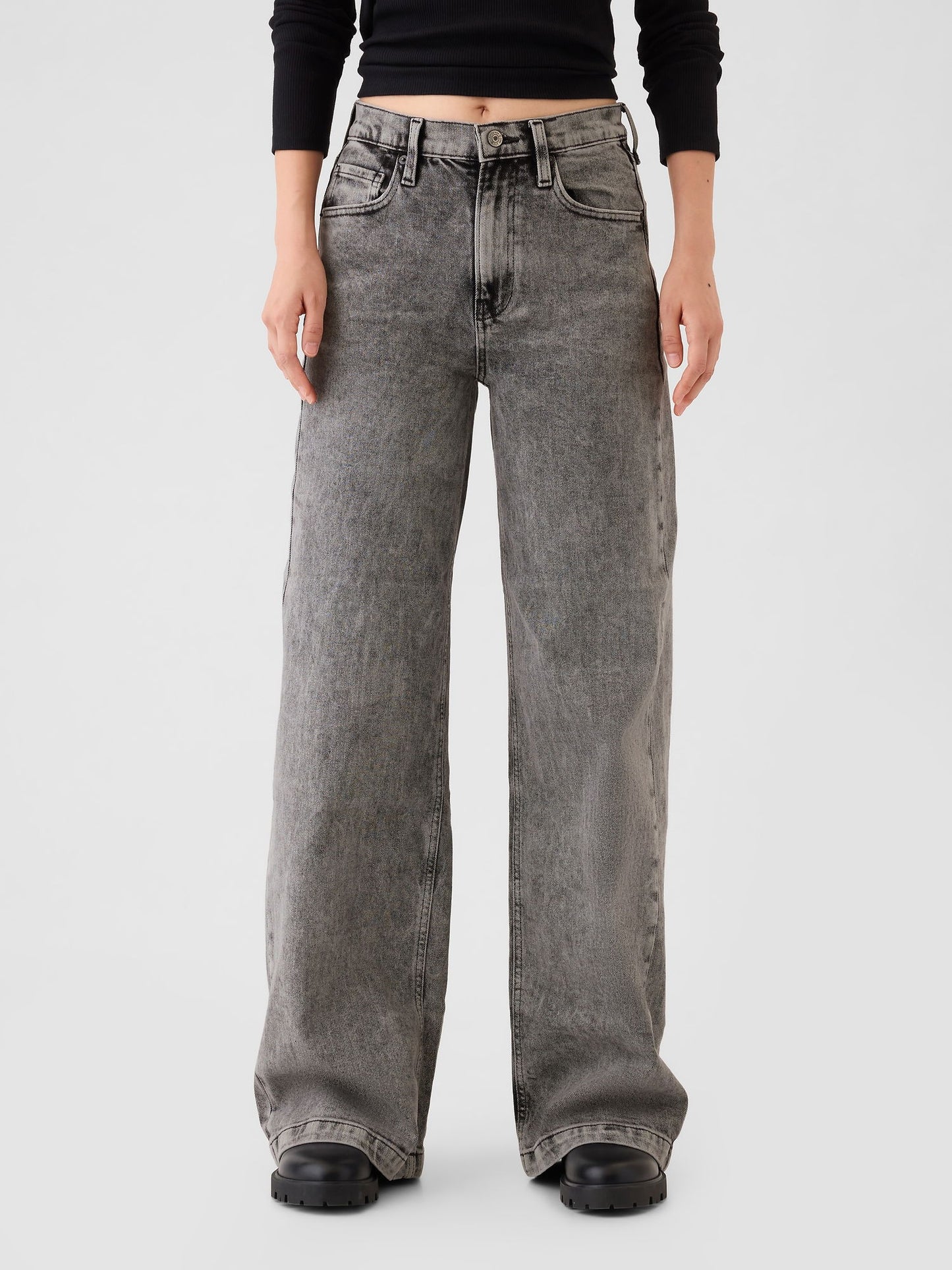 Siyah High Rise Stride Wide-leg Jean Pantolon