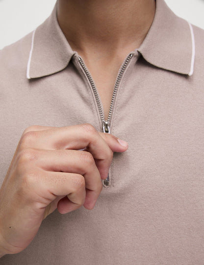 Pamuk Karışımlı Yarım Fermuarlı Örgü Polo Yaka Tshirt