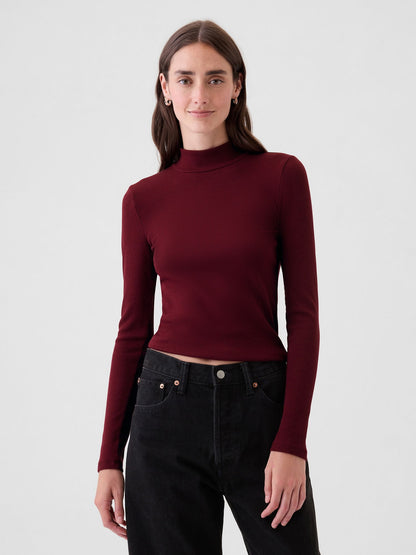 Bordo Modern Fitilli Crop Balıkçı Yaka T-shirt