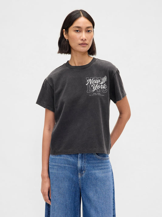 Koyu Gri Relaxed Nyc Grafik T-shirt