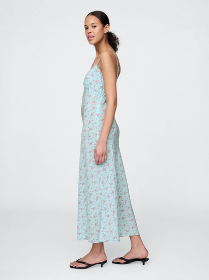 Mavi Çiçek Desenli Maxi Slip Elbise