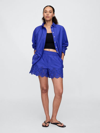 Mavi Eyelet Poplin Şort