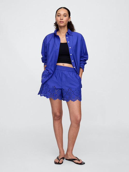 Mavi Eyelet Poplin Şort