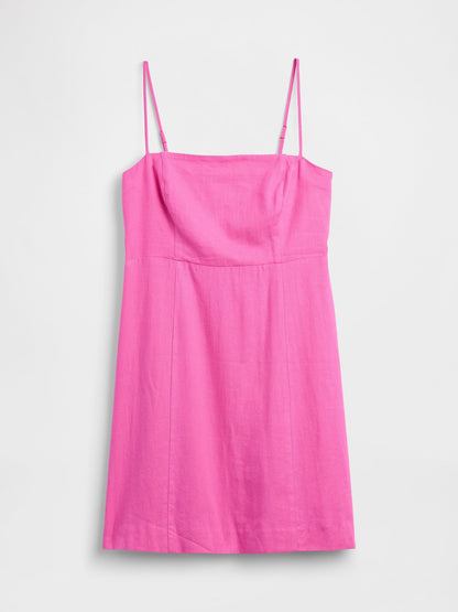 Açık Pembe Keten Karışımlı Kare Yaka Mini Elbise