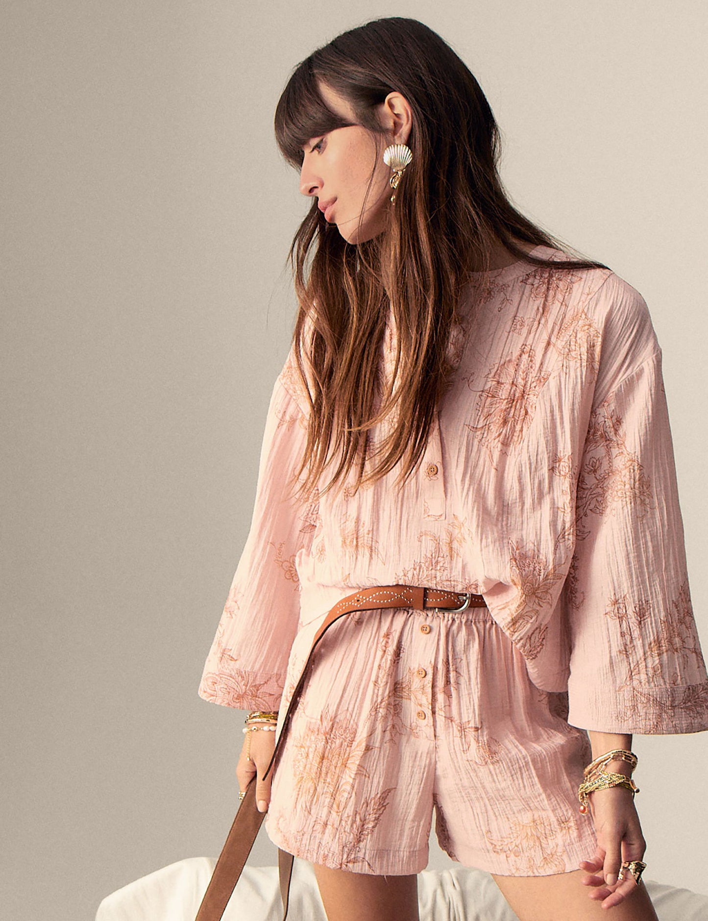 Desenli Yuvarlak Yaka Oversize Popover Bluz