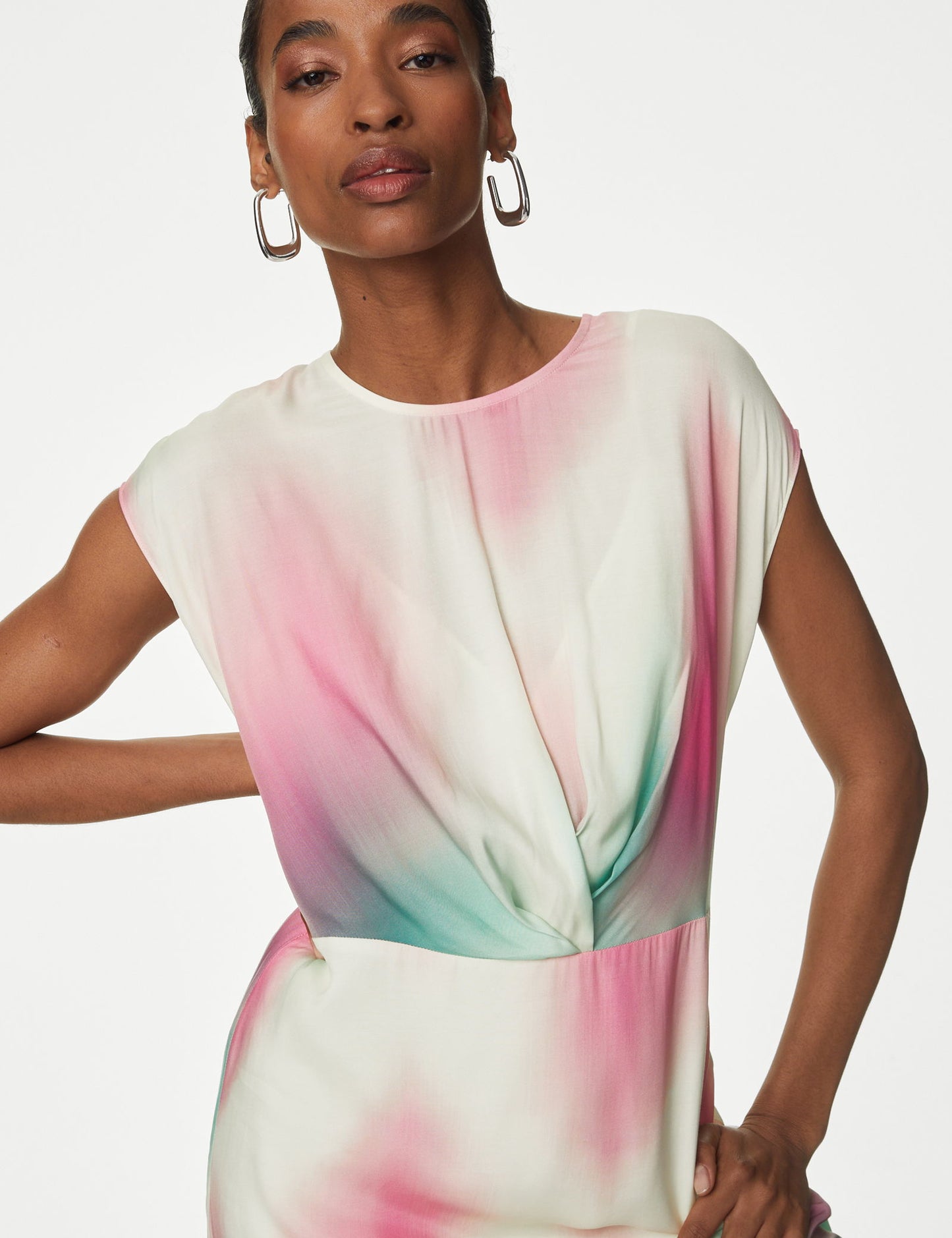Regular Fit Desenli Midi Cupro Elbise