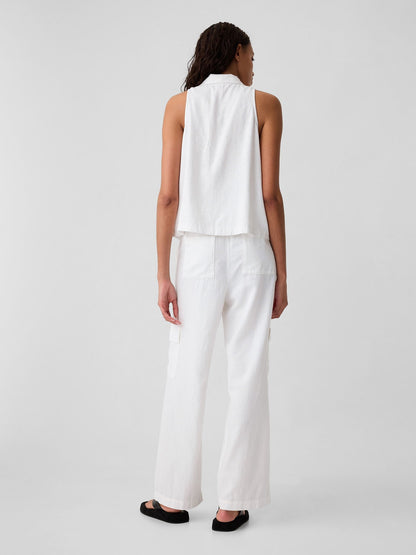 Beyaz Keten Karışımlı Wide-leg Kargo Pull-on Pantolon