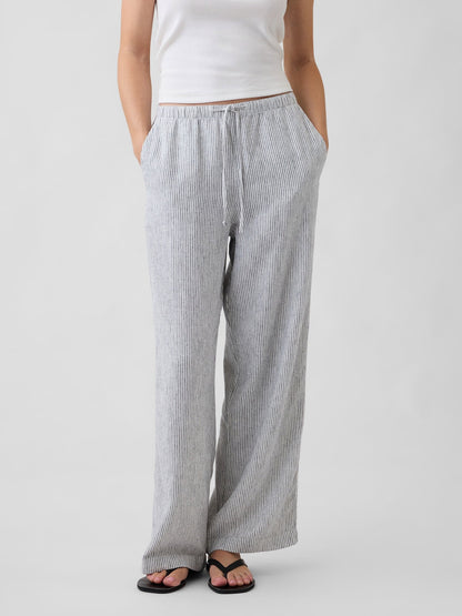Lacivert Relaxed Keten Karışımlı Wide-leg Pantolon