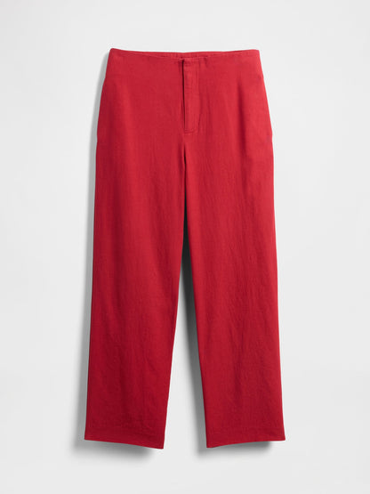 Kırmızı Keten Karışımlı Relaxed Straight Ankle Pantolon