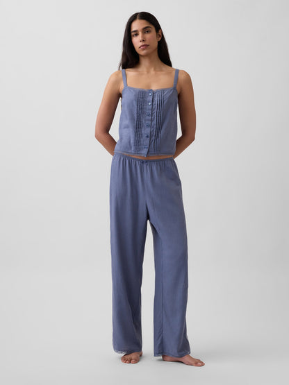 Beyaz Keten Karışımlı Pintuck Kısa Askılı Pijama Üstü