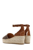Kadın Taba Bilekten Tokalı Dolgu Topuklu Hasır Deri Espadril Sandalet