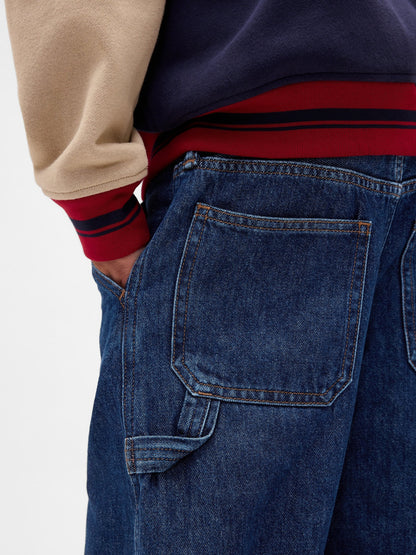 Koyu Mavi Stranger Things Flannel-lined Carpenter Baggy Jean Pantolon