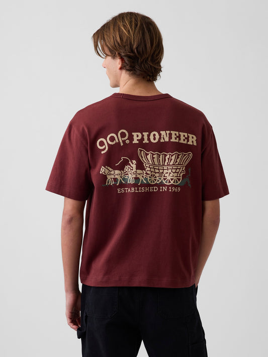 Koyu Kırmızı Heavyweight Gap Pioneer Grafik Baskılı T-shirt