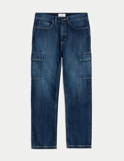 Saf Pamuklu Straight Fit Kargo Jean Pantolon