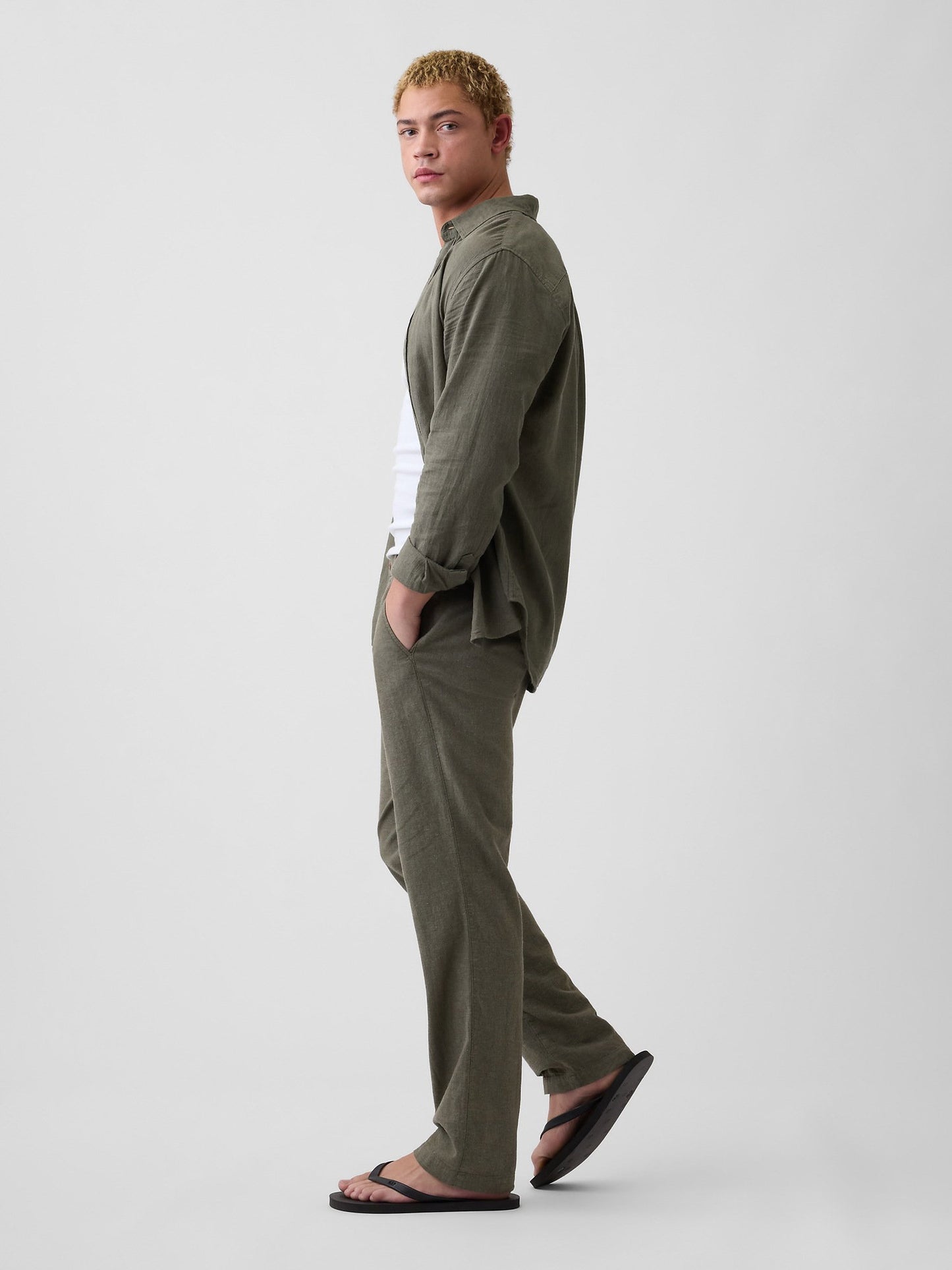 Haki Straight Keten Karışımı Pantolon