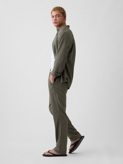Haki Straight Keten Karışımı Pantolon