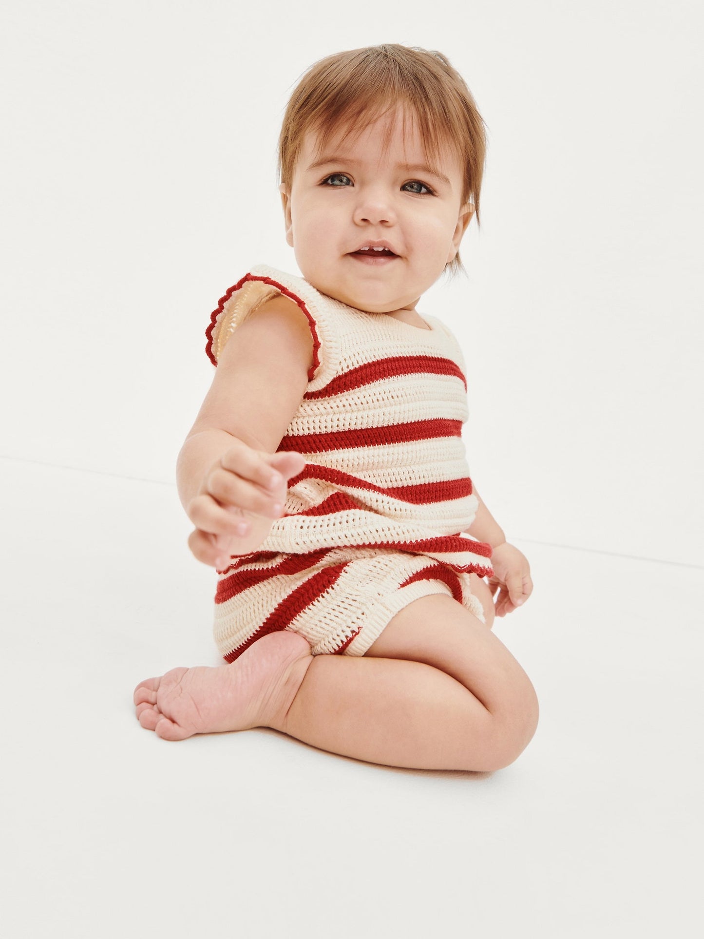 Kırmızı Baby Crochet Stripe Outfit Set